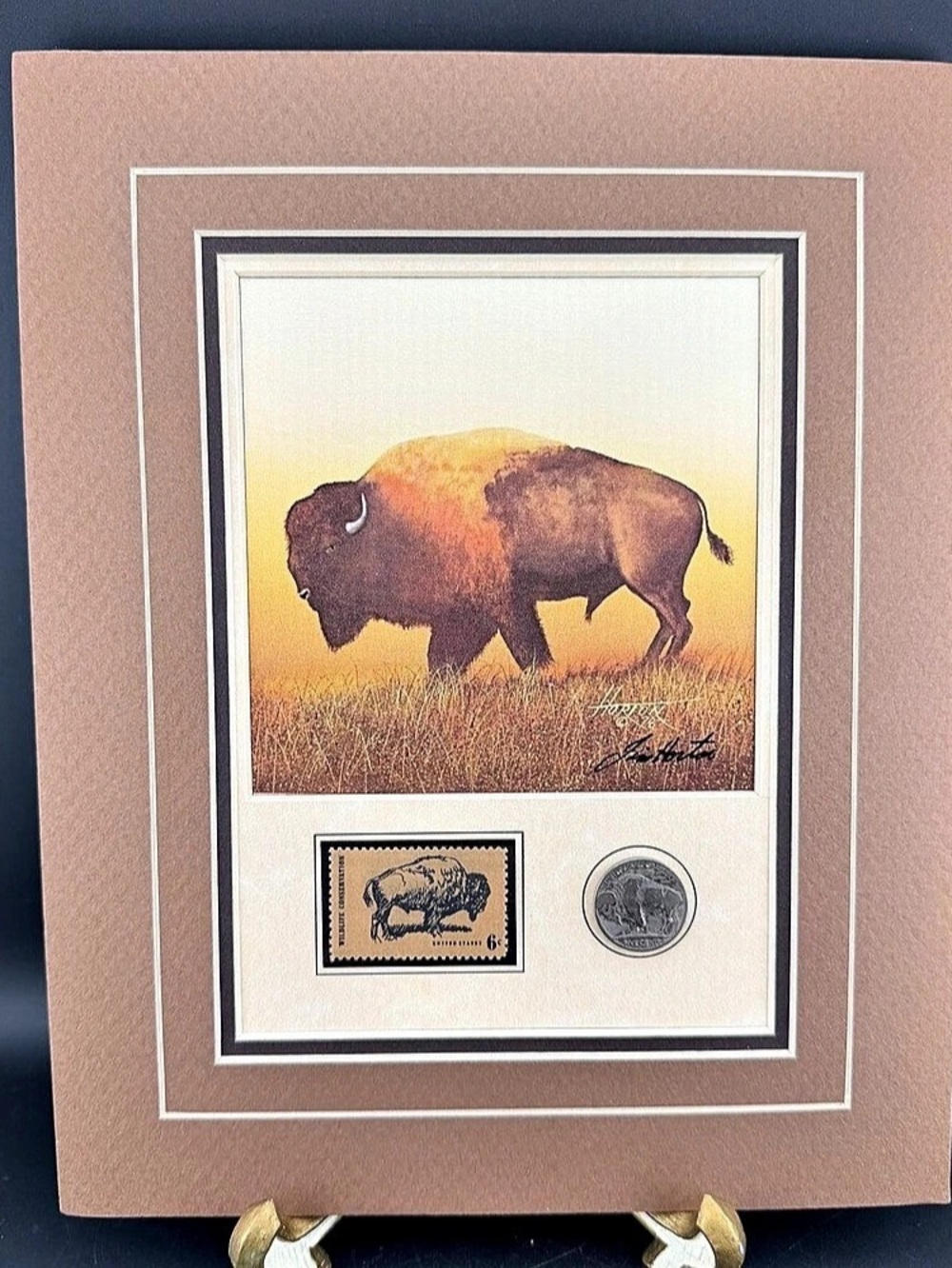 Jim Horton 1978 Bison Art Print Matted Set w/ US 6c Buffalo Stamp & Indian Coin